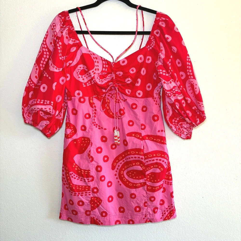 FARM Rio Octocool Mini Dress Puff Sleeves Tropical Boho Whimsical Resort Medium